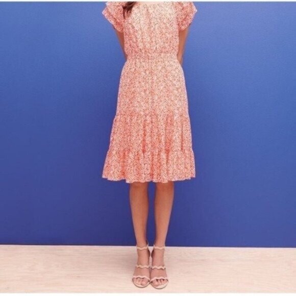 JCrew Factory Orange Floral Chiffon Dress with Flutter Sleeves Tiered Midi - Picture 1 of 8